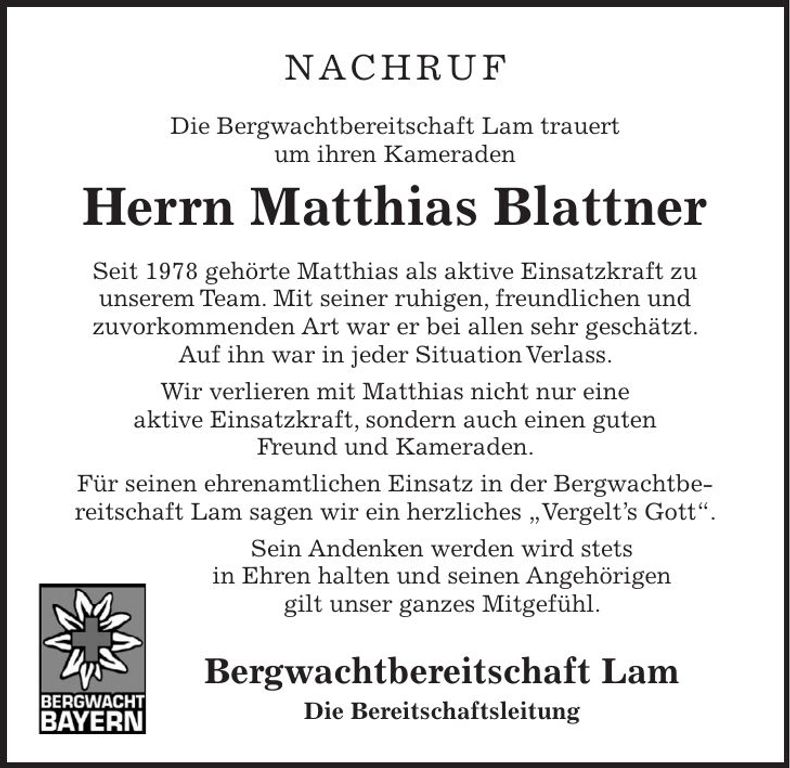 Traueranzeige Matthias Blattner