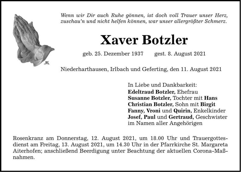 Traueranzeige Xaver Botzler