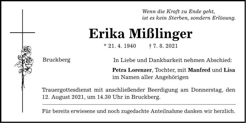 Traueranzeige Erika Mißlinger