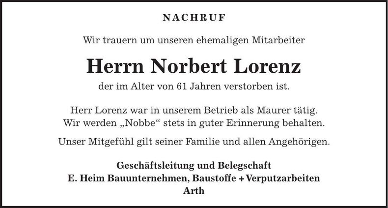 Traueranzeige Norbert Lorenz