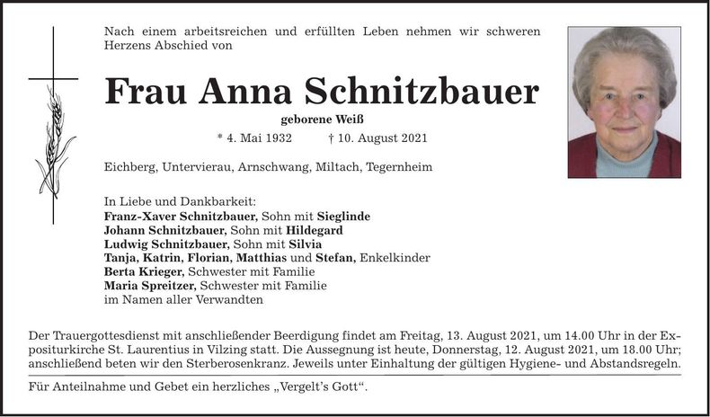 Traueranzeige Anna Schnitzbauer