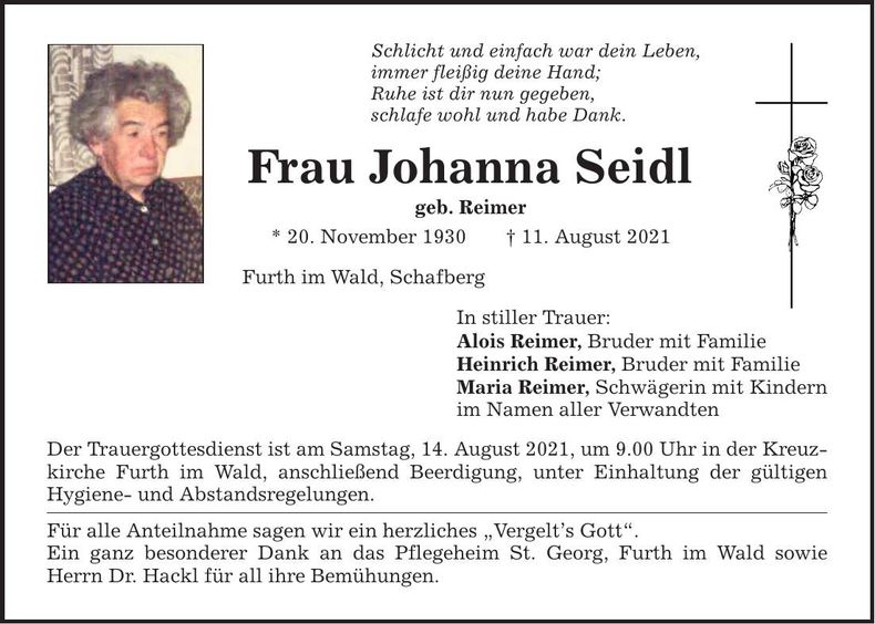 Traueranzeige Johanna Seidl