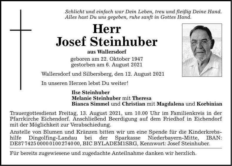 Traueranzeige Josef Steinhuber