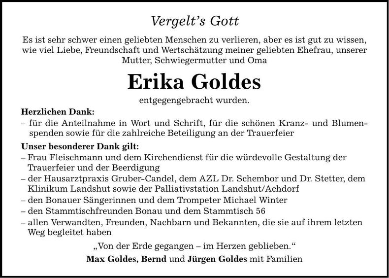 Traueranzeige Erika Goldes