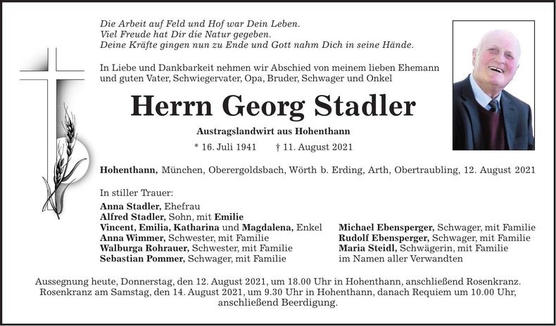 Traueranzeige Georg Stadler