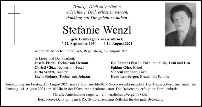 Traueranzeige Stefanie Wenzl
