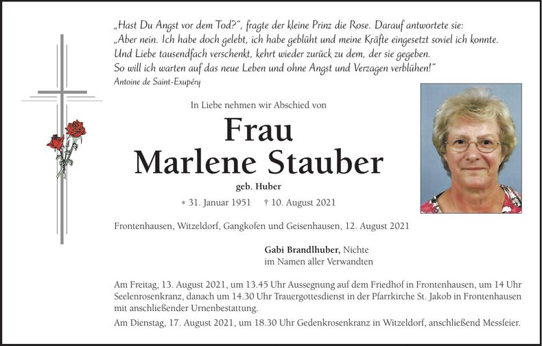 Traueranzeige Marlene Stauber