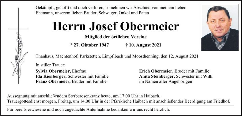 Traueranzeige Josef Obermeier