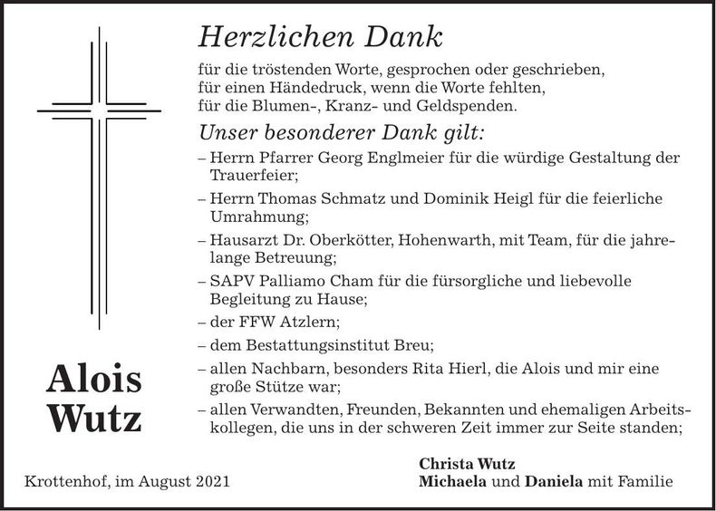 Traueranzeige Alois Wutz