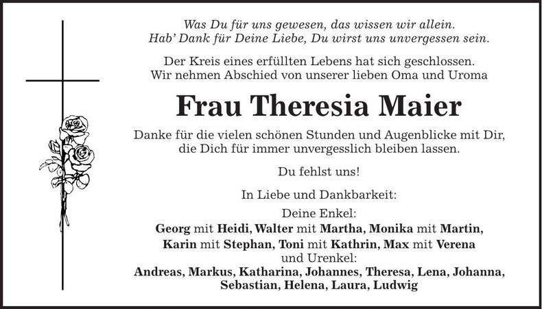 Traueranzeige Theresia Maier