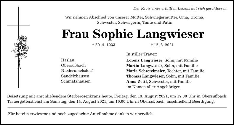 Traueranzeige Sophie Langwieser