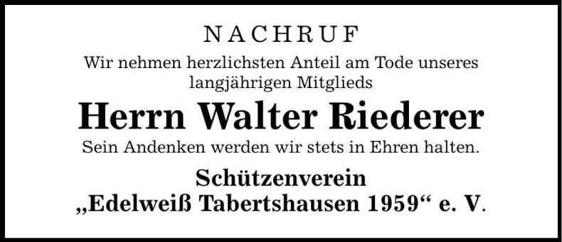 Traueranzeige Walter Riederer