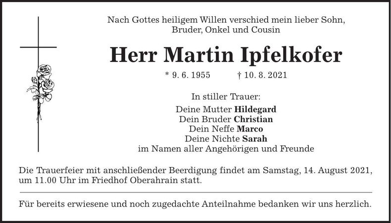 Traueranzeige Martin Ipfelkofer