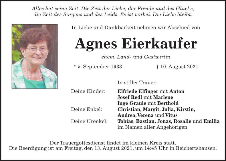 Traueranzeige Agnes Eierkaufer
