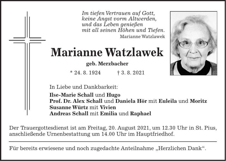 Traueranzeige Marianne Watzlawek