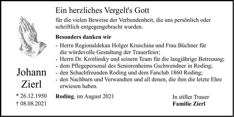 Traueranzeige Johann Zierl