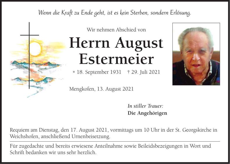 Traueranzeige August Estermeier