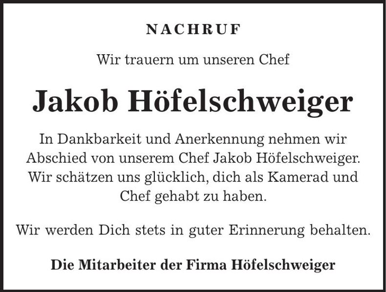 Traueranzeige Jakob Höfelschweiger