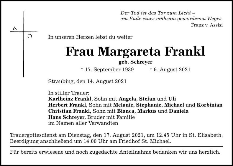Traueranzeige Margareta Frankl