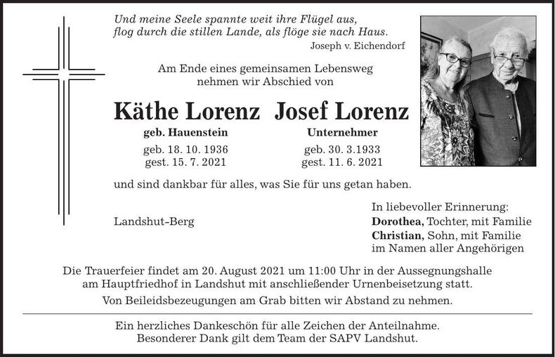 Traueranzeige Josef, Käthe Lorenz