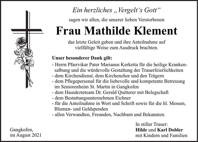 Traueranzeige Mathilde Klement