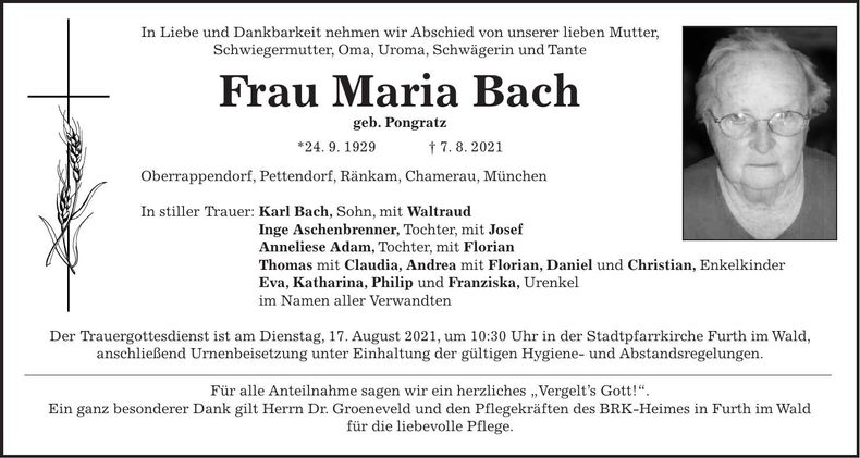 Traueranzeige Maria Bach