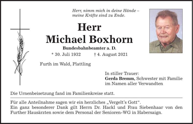 Traueranzeige Michael Boxhorn