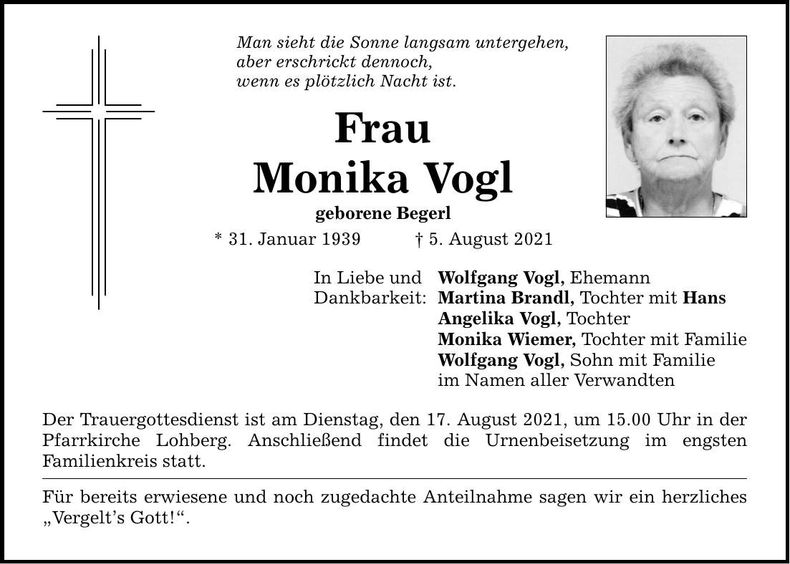 Traueranzeige Monika Vogl