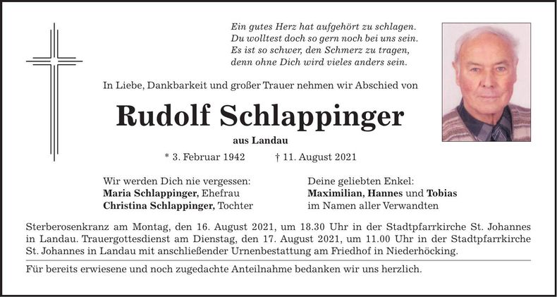 Traueranzeige Rudolf Schlappinger