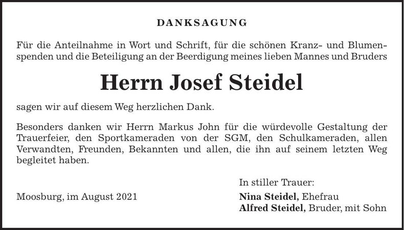 Traueranzeige Josef Steidel
