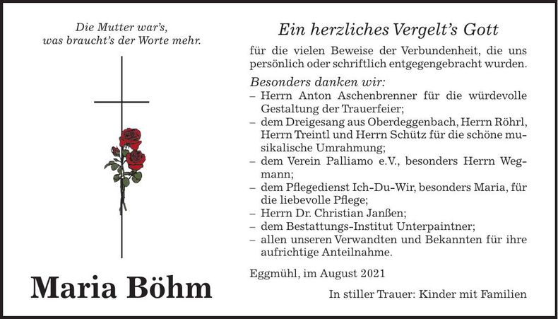 Traueranzeige Maria Böhm