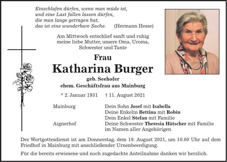 Traueranzeige Katharina Burger
