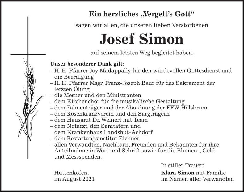 Traueranzeige Josef Simon