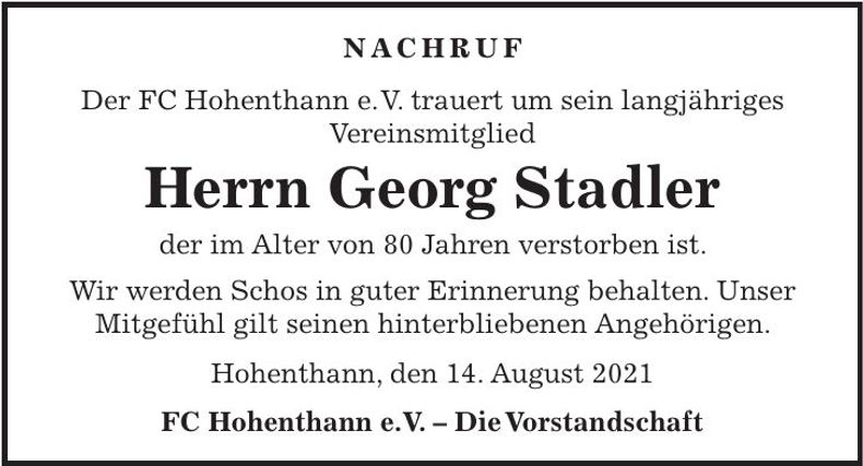 Traueranzeige Georg Stadler