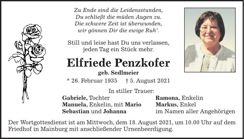 Traueranzeige Elfriede Penzkofer
