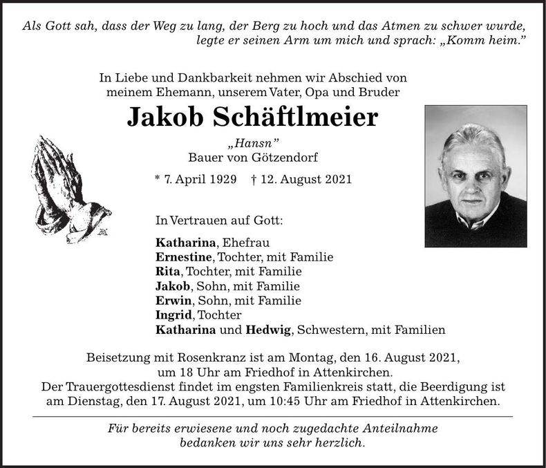 Traueranzeige Jakob Schäftlmeier