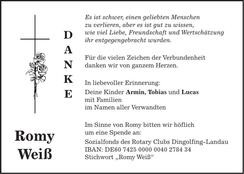 Traueranzeige Romy Weiß