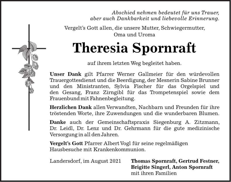 Traueranzeige Theresia Spornraft