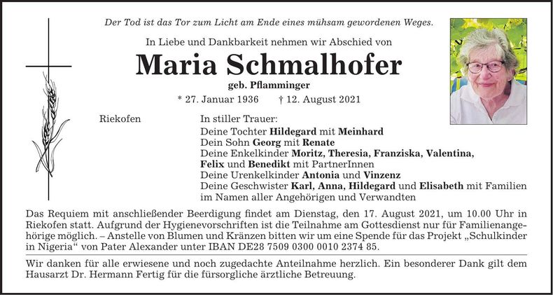 Traueranzeige Maria Schmalhofer