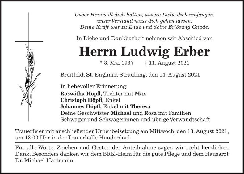Traueranzeige Ludwig Erber