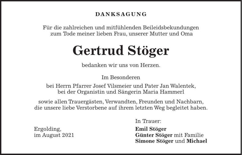 Traueranzeige Gertrud Stöger