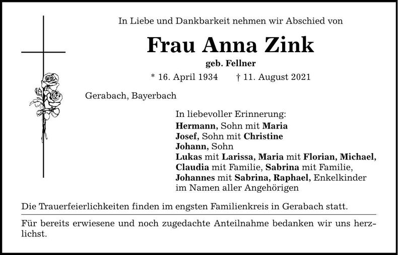 Traueranzeige Anna Zink