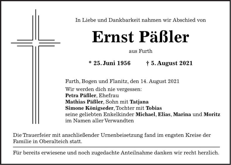 Traueranzeige Ernst Päßler