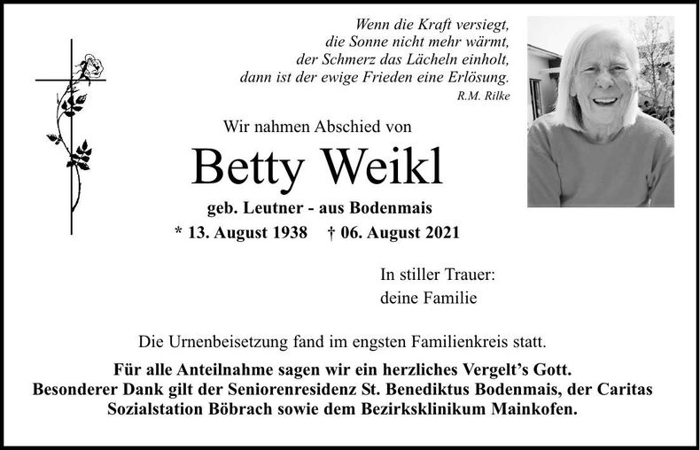 Traueranzeige Betty Weikl