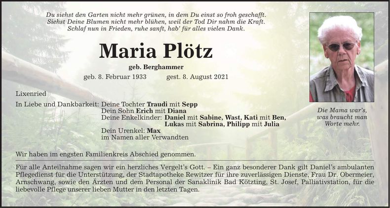 Traueranzeige Maria Plötz
