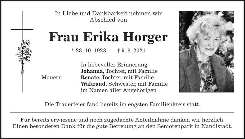 Traueranzeige Erika Horger