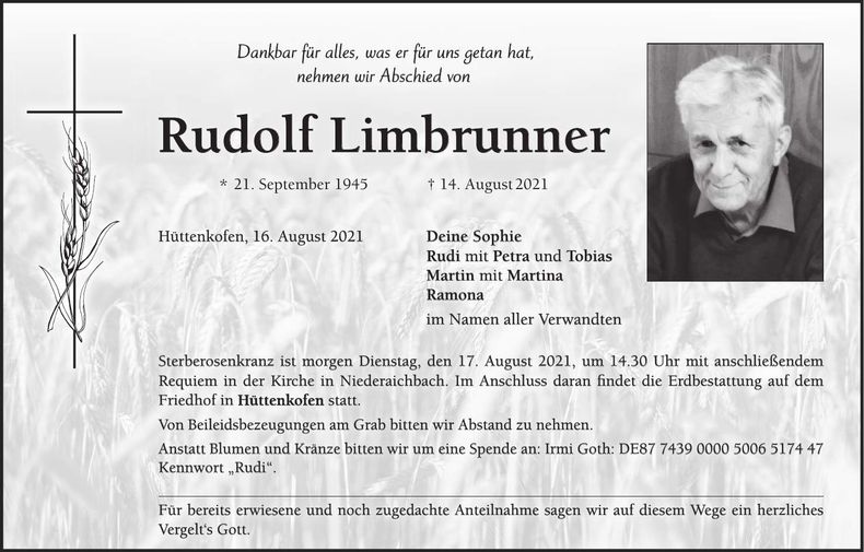 Traueranzeige Rudolf Limbrunner