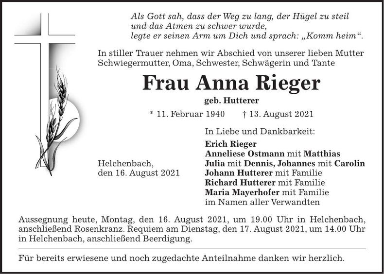 Traueranzeige Anna Rieger