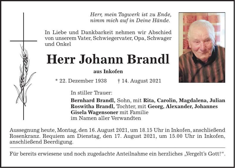 Traueranzeige Johann Brandl