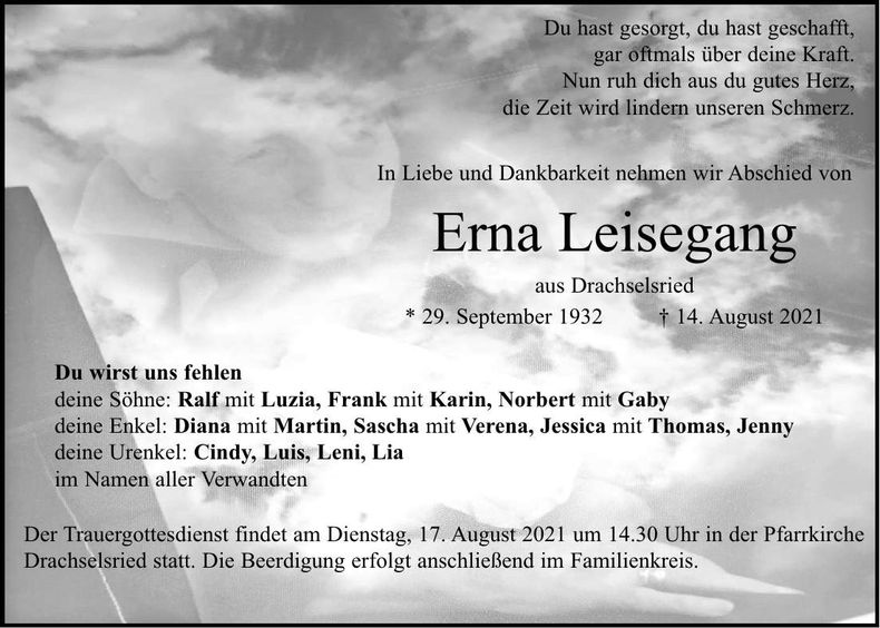 Traueranzeige Erna Leisegang